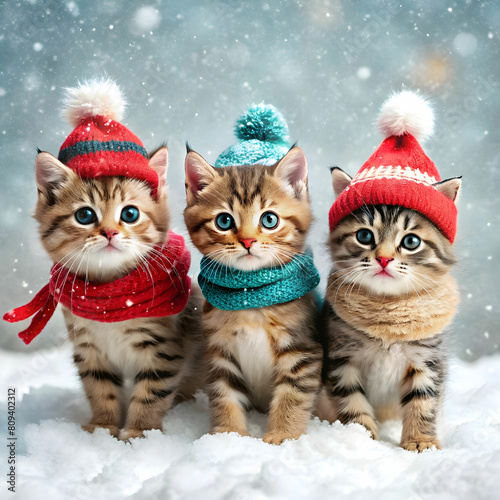 three cute kittens in hats and scarves on white