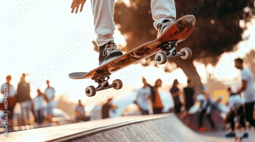 Amidst the cheers of spectators and the clatter of wheels on pavement, the skateboarder pushes the limits of their skill and creativity, pushing themselves to new heights of performance. photo