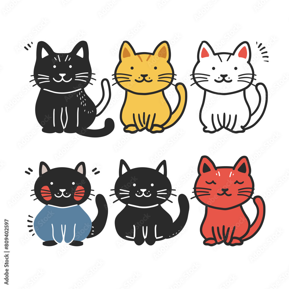Six cute cartoon cats various colors smiling happily. Diverse set feline characters wearing simple, friendly expressions. Handdrawn style kitties perfect petthemed design