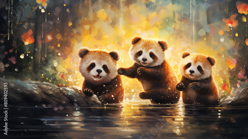 Digital painting of three playful red pandas, set against a whimsical backdrop of a sparkling, light-filled autumn forest.