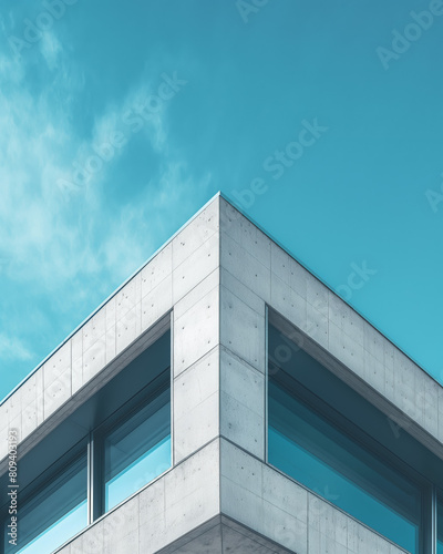 The image shows a fragment of a building with glass windows  the sky is blue with some clouds.