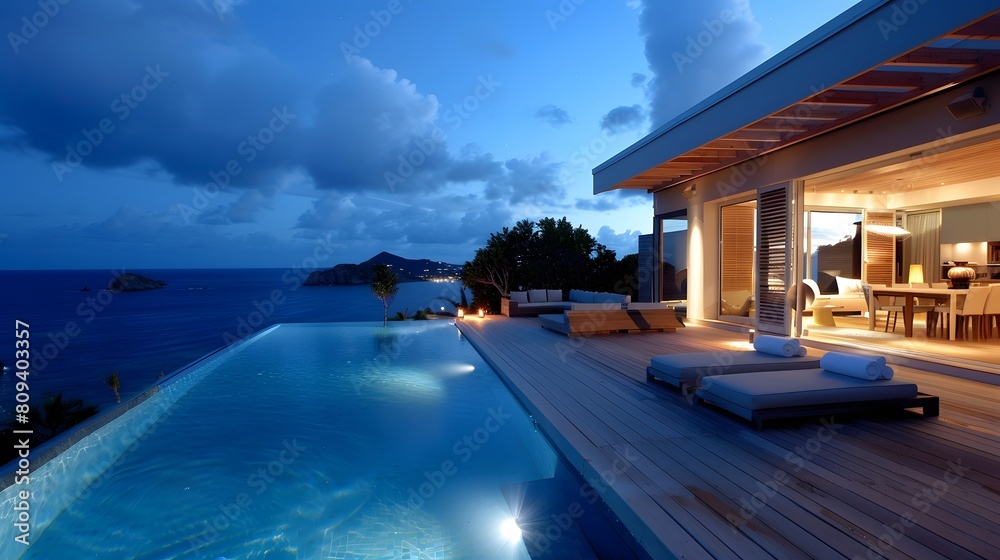 A luxurious and modern villa with an infinity pool overlooking the sea at night, two sun loungers in the style of the edge of the pool.