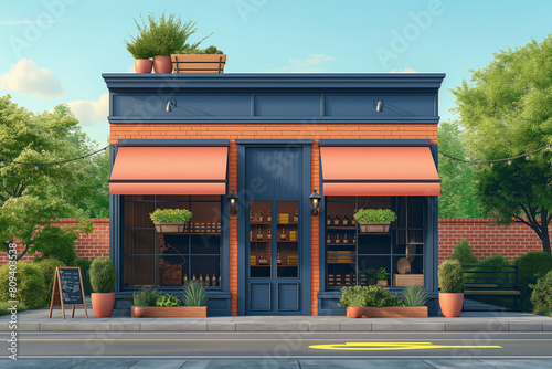 The image shows a small business with a blue and orange exterior, architecture facade material front-view elevation.