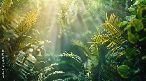 Stunning foliage of ferns in a natural floral background illuminated by sunlight photo