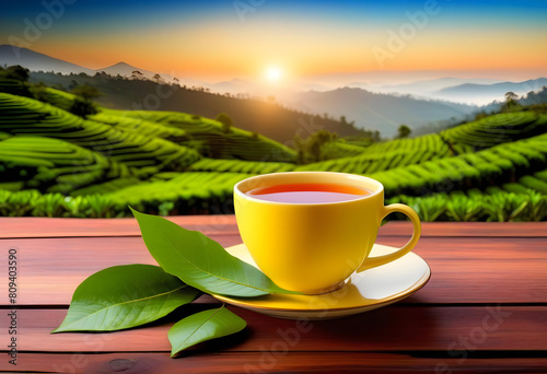 A cup of tea on a wooden table with a background of lush green tea plantations