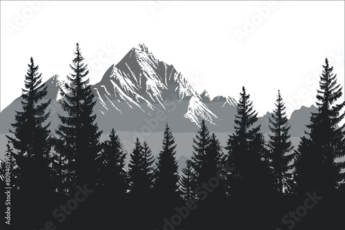 Silhouettes of mountains and forest, Silhouette of mountain with fog landscape background, Silhouette mountain range and forest, Silhouettes of pine forest and mountains vector, Mountain, Forest