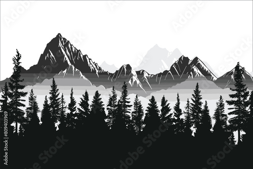 Silhouettes of mountains and forest, Silhouette of mountain with fog landscape background, Silhouette mountain range and forest, Silhouettes of pine forest and mountains vector, Mountain, Forest