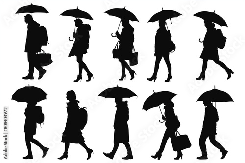 Silhouettes of people walking with umbrella, People with umbrella silhouettes vector, Silhouettes of man and woman under umbrella, Fashion, Woman, Young, Human, Rainy, Standing, Umbrella, Rain