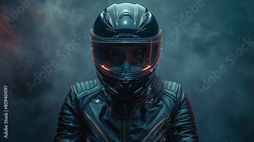 Mysterious motorcyclist in helmet at night