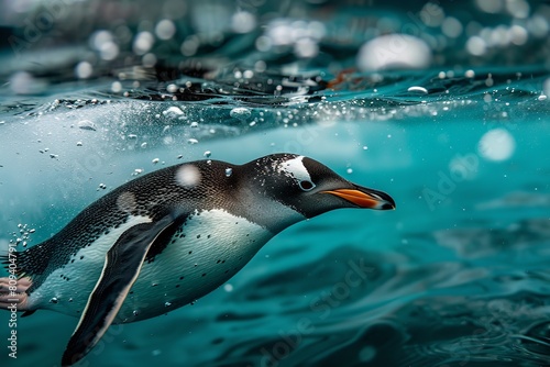 A close shot of a penguin swimming underwater with a clean backdrop and space for text or product advertisement  Generative AI.