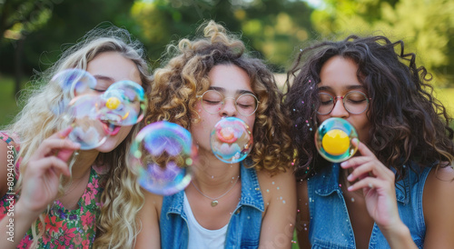 Three beautiful women blowing soap bubbles in the park  happy and laughing