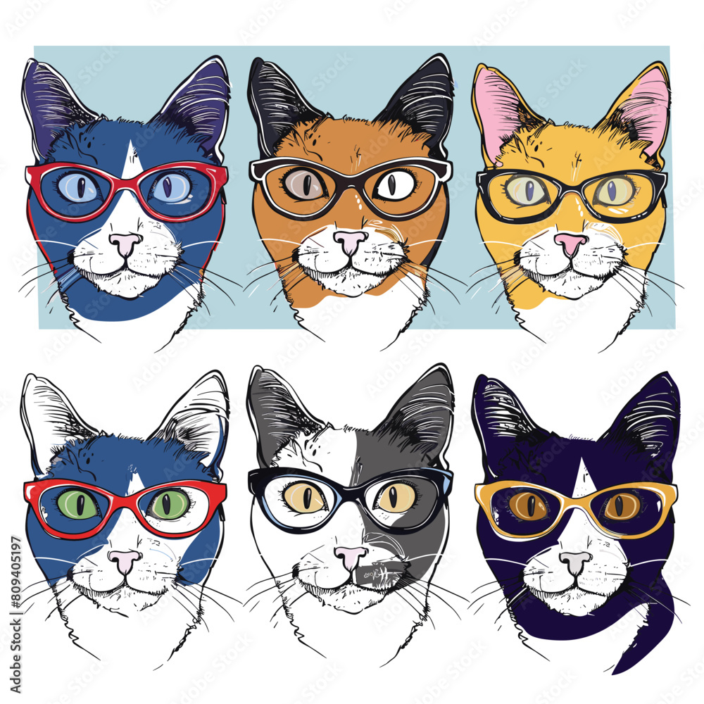 Six stylized cat faces wearing different glasses, colorful, quirky fashion feline portraits. Illustration diverse hipster cats eyewear, trendy animal design, blue background. Cool cats glasses comic Six stylized cat faces wearing different glasses, colorful, quirky fashion feline portraits. Illustration diverse hipster cats eyewear, trendy animal design, blue background. Cool cats glasses comic