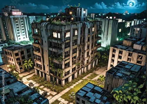 Abandoned post apocalyptic city building exterior aerial view at night. Tropical overgrowth and vegetation. Comic landscape at night.