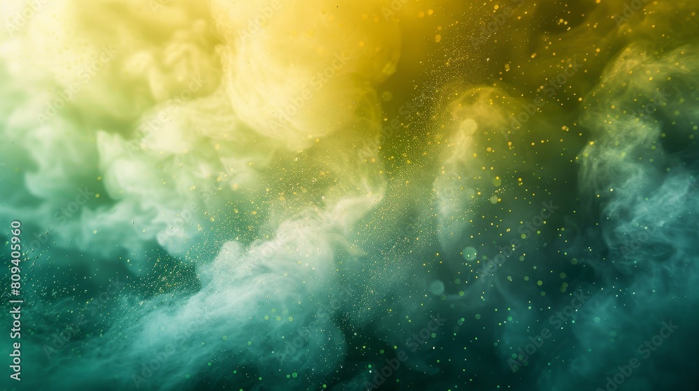 Fototapeta premium Detailed view of green and yellow dust clouds exploding with shimmering particles, vividly highlighted against a white background