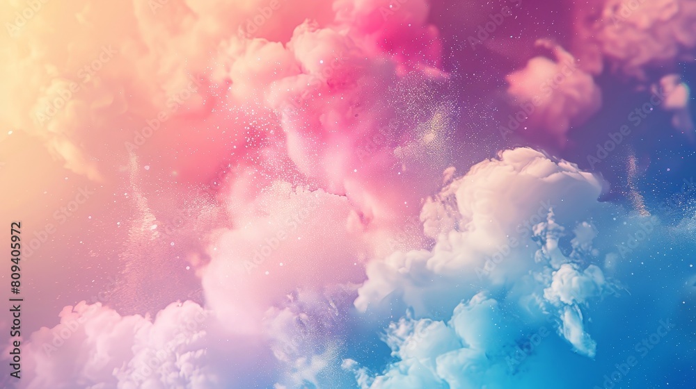 Dynamic, artistic close-up of colorful pastel dust clouds with shimmering particles, creating explosive patterns on a pristine background