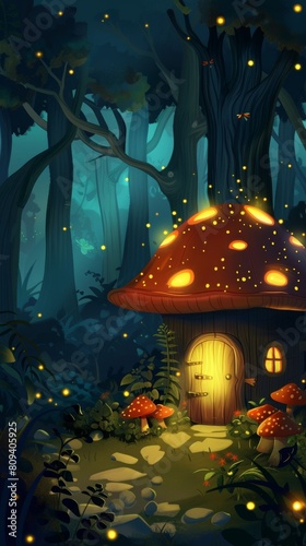 Enchanted forest mushroom house at night