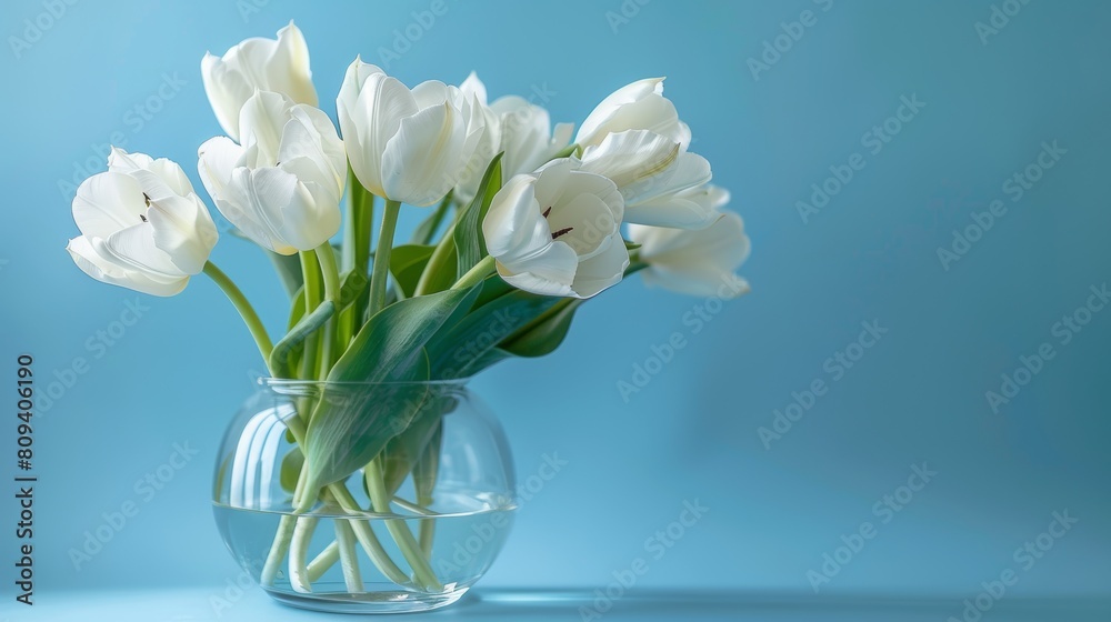 Bright and vibrant close-up of delicate white tulips in a glass vase, glowing against a crisp blue background, studio lit for clarity Bright and vibrant close-up of delicate white tulips in a glass vase, glowing against a crisp blue background, studio lit for clarity
