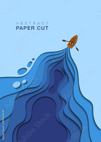 Illustration of a man rowing boat on a blue water surface in paper cut effect. Design for book covers, presentation or other prinings. Upper copy space included.
