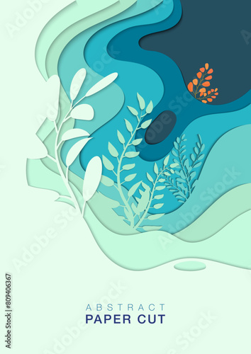 Blue and green pastel tone background with paper cut effect layers suitable for greeting cards, covers, handbils, presentations, and other printings with ower copy space for text input.