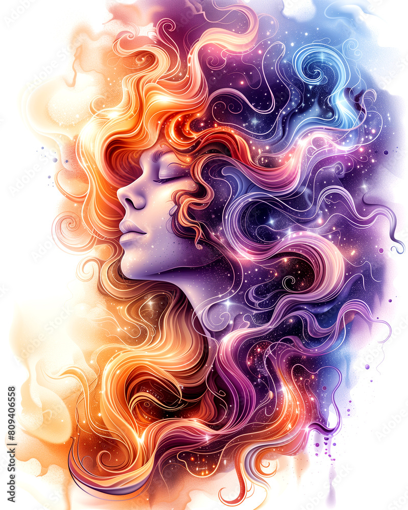 A woman with long, colorful hair is the main focus of the image