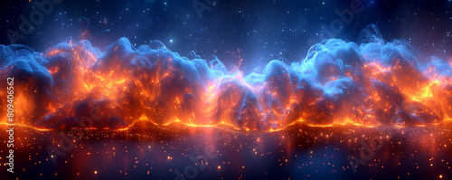 A long, blue and orange cloud of fire in space
