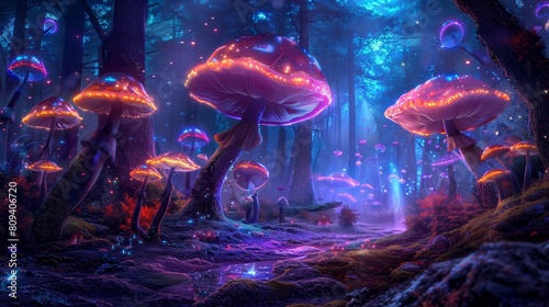 Vivid neon mushrooms casting colorful light in a dark, fantasy forest, with ethereal effects creating a surreal wonderland