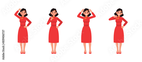 Set of businesswoman character vector design. Chinese woman expressing anger and sadness illustration. Presentation in various action.