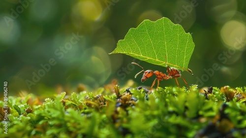 Leaf cutter ant transports leaf photo