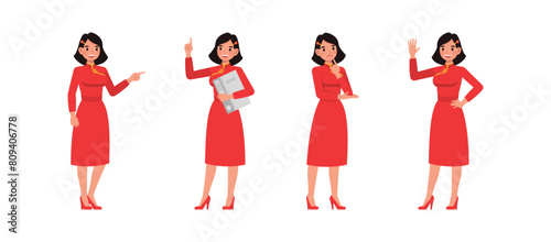 Set of businesswoman character vector design. Chinese woman thinking and working in office illustration. Presentation in various action.