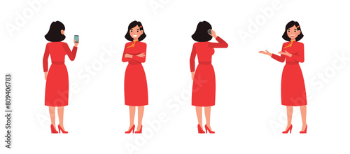 Set of businesswoman character vector design. Chinese woman working and talk on phone illustration. Presentation in various action.