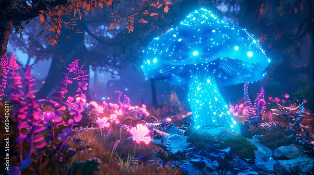 Naklejka premium Glowing mystical blue mushroom in the center of a grove, surrounded by bright neon plants, creating an otherworldly scene
