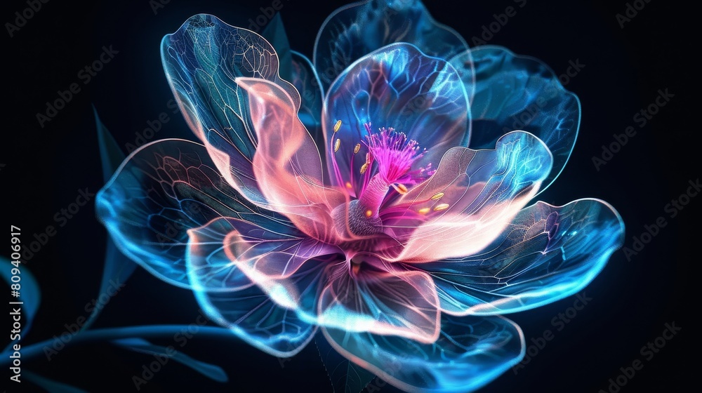 Fototapeta premium Glowing neon fairytale flower in blue and pink, isolated against black, magical fantasy design perfect for wonderland illustrations