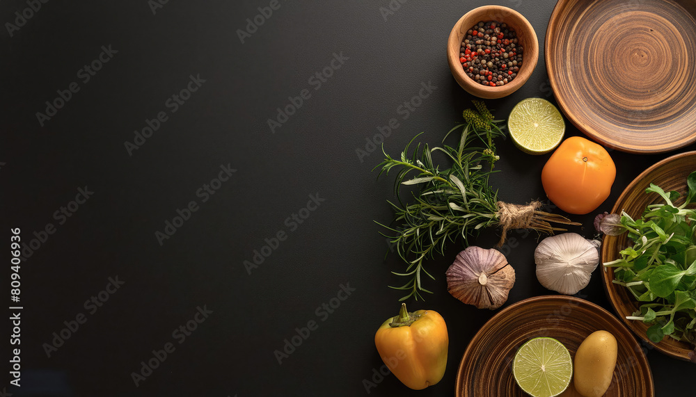 top view herbs, vegetables, with plain black background, with empty copy space, top view herbs, vegetables, with plain black background, with empty copy space,