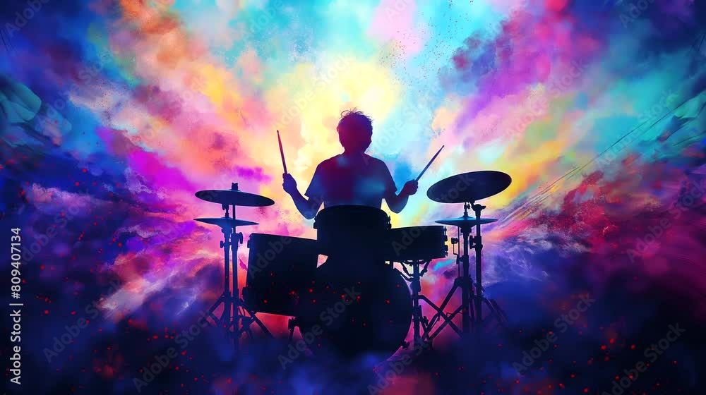 A Drummer's silhouette with colorful aura, spiritual music. Anime or digital painting style, looping 4k video animation background