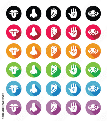 Human sense icon set, five senses icon collection, colorful circle shapes, flat design icons, long shadow icons
