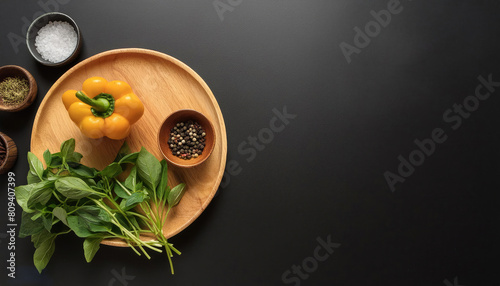 top view herbs, vegetables, with plain black background, with empty copy space,