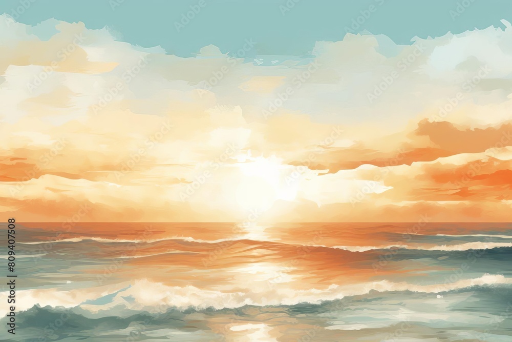 Obraz premium Bright sun rising flat design top view morning beach watercolor Monochromatic Color Scheme