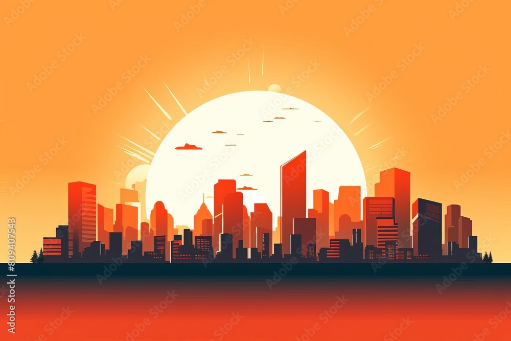 Midday sun flat design side view cityscape silhouette animation Triadic Color Scheme