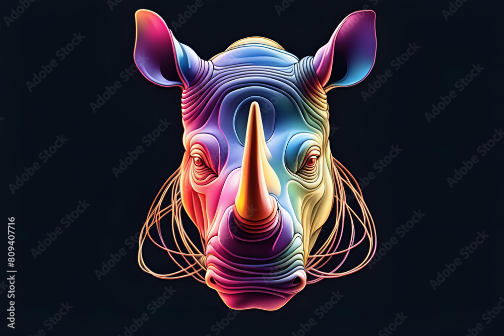 Art nouveau artistic image of frontal image of a wire figure of a multicolored rhinoceros on a black background