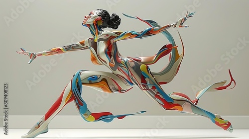 Expressive 3D characters are captured in dynamic movement with colorful paint all over the body. Best for advertising banners. photo