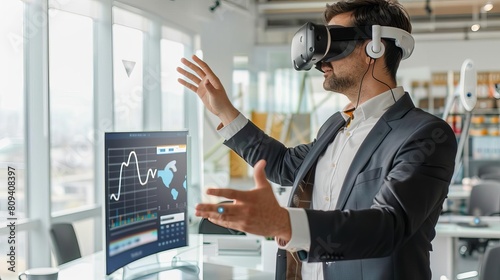 A financial consultant in a chic office setting using virtual reality to explore and present threedimensional models of income forecasts in different industries photo