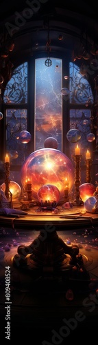 Fortune telling scene with a mystical card spread around a glowing crystal globe, shadows and light playing on the table