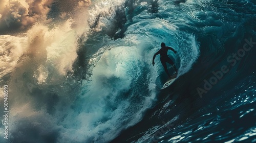 A surfer rides a big wave. The wave is crashing down around him, but he is holding on tight. He is determined to ride this wave all the way to the shore. © Tonton54