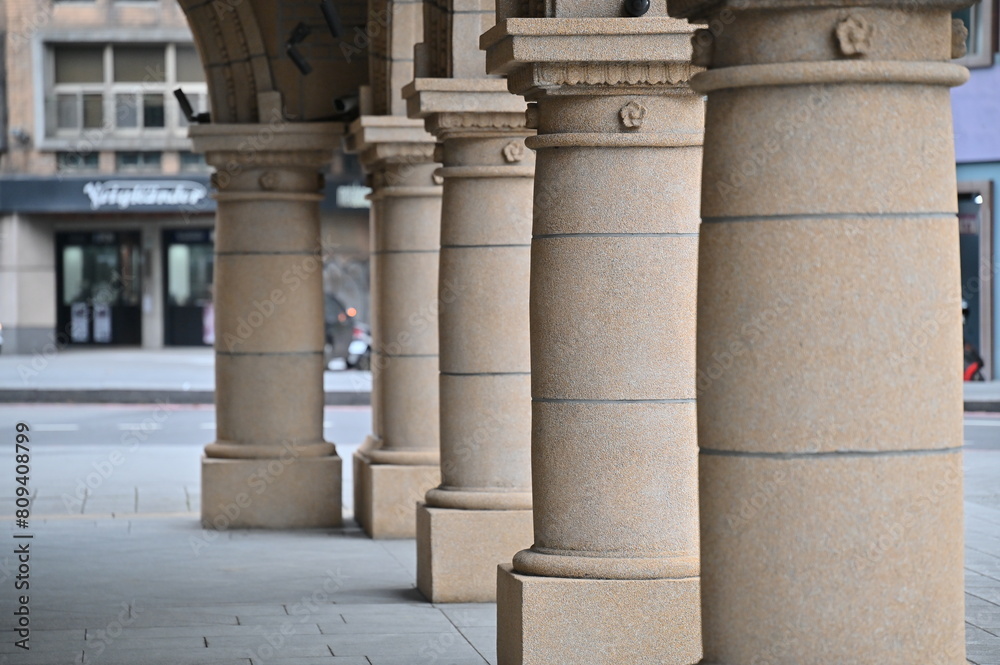 Taiwan - Feb 01, 2024: Columns of Postal Museum Taipei Beimen Branch in Zhongzheng District, Taipei. This museum is a designated historic site in Taiwan, blending Baroque and modernist architecture. Taiwan - Feb 01, 2024: Columns of Postal Museum Taipei Beimen Branch in Zhongzheng District, Taipei. This museum is a designated historic site in Taiwan, blending Baroque and modernist architecture.