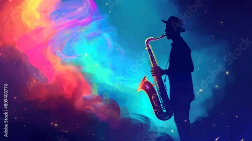 A Saxophonist silhouette with colorful aura, spiritual music. Anime or digital painting style, looping 4k video animation background photo