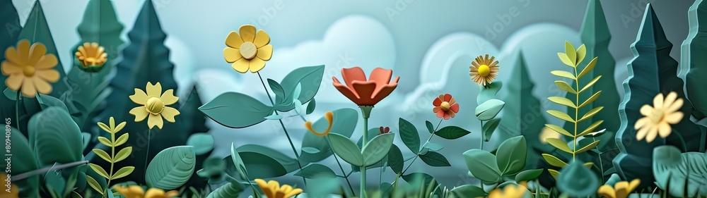 Obraz premium 3D render clay of garden flowers, colorful with a green day theme background