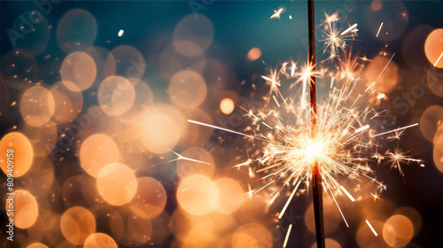 Closeup of sparkling sparklers firework and bokeh lights glitter effects for Happy New Years and seasonal festive on black background