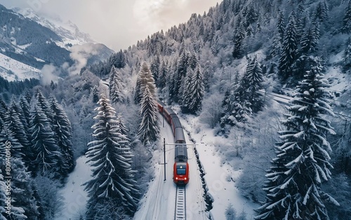 Aerial view of Train passing famous mountain in Filisur, Switzerland. express train in snowy winter landscape of Swiss Alps, very beautiful view