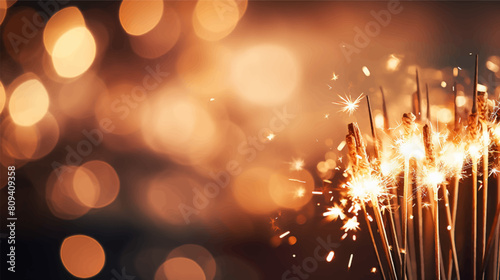 Closeup of sparkling sparklers firework and bokeh lights glitter effects for Happy New Years and seasonal festive on black background