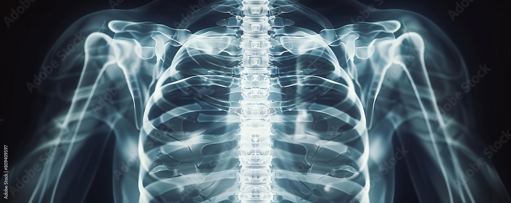 Xray image capturing a detailed skeleton of the human chest, focusing on rib cage and sternum structure Xray image capturing a detailed skeleton of the human chest, focusing on rib cage and sternum structure